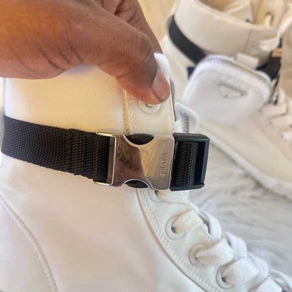 Prada White High-Top Sneakers with Black Strap - Picture 9 of 14